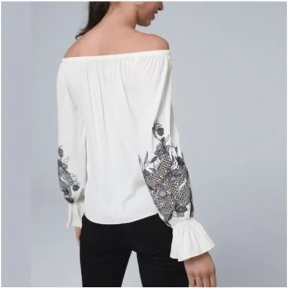 White House Black Market Embroidered Off-Shoulder Blouse - Picture 4 of 9